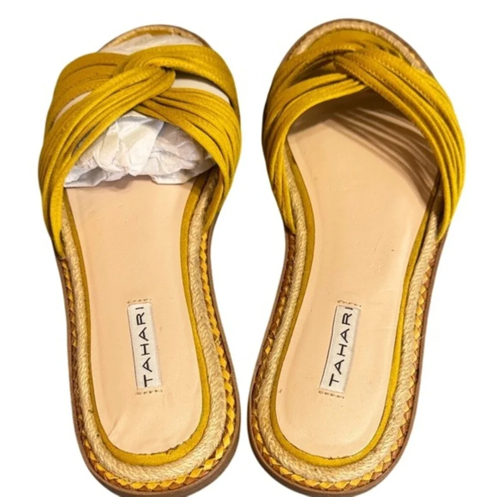 Tahari Cailyn‎ Mustard Yellow Knotted Multi Strap Flat Slide Sandals Size 9.5